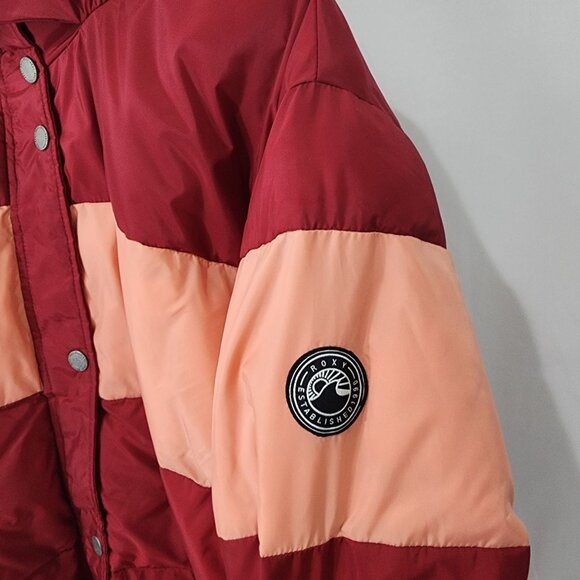 Roxy Womens Color-Block Puffer Jacket XL Red & Pink Hooded Winter Coat - Picture 7 of 16